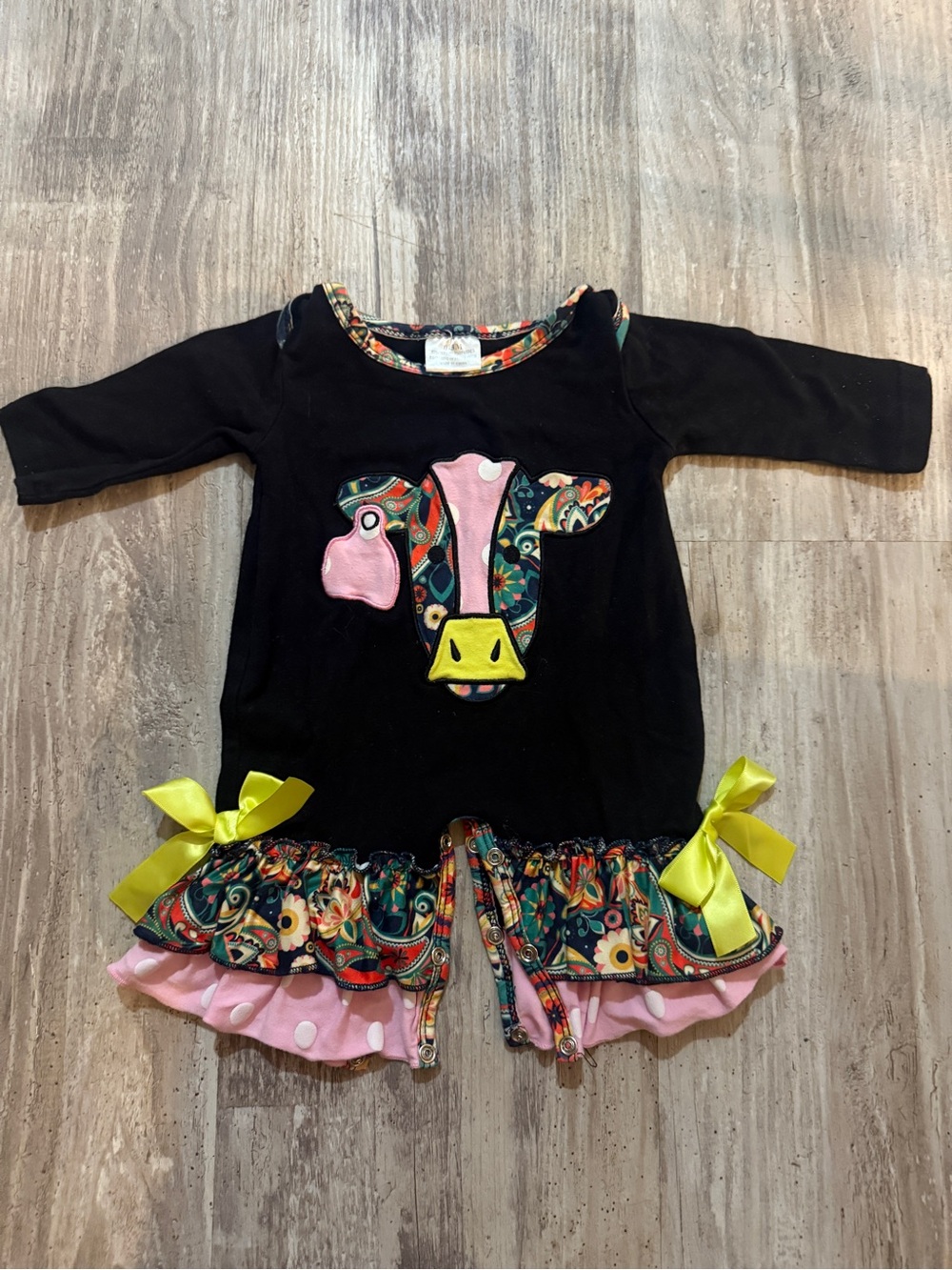 Black Cow Appliqué Ruffle One-Piece with Yellow Bows - Kids